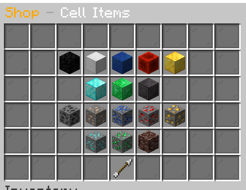 Shop — Cell Items GUI showing ore generators from Coal to Netherite available for purchase