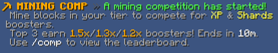 Mining Competition announcement in chat showing tier, booster rewards, and leaderboard instructions